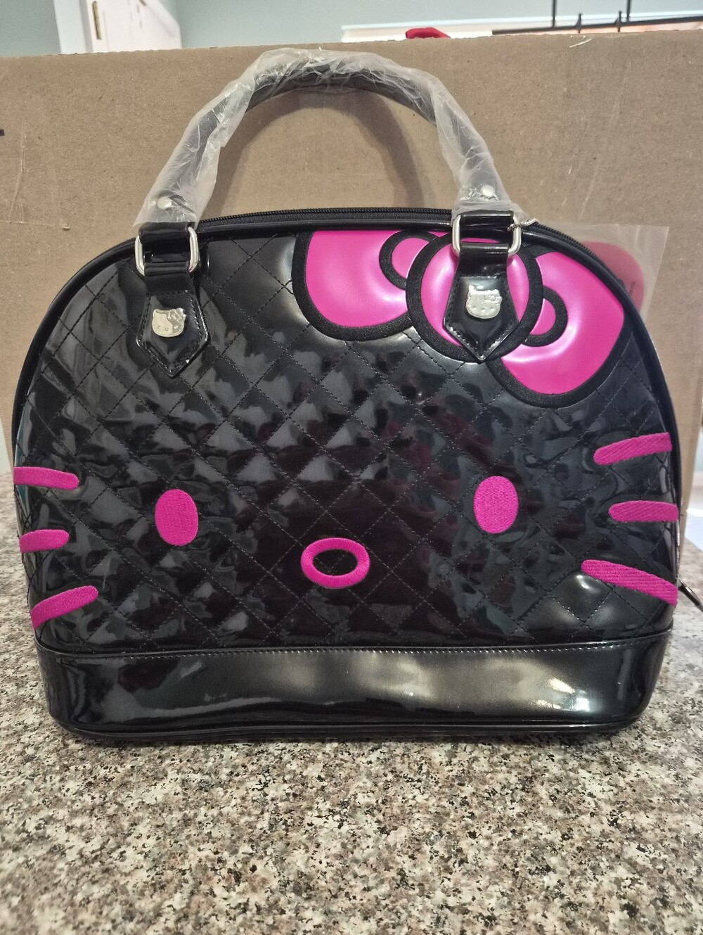Loungefly Hello Kitty Black and Hot Pink Quilted Dome Satchel Handbag